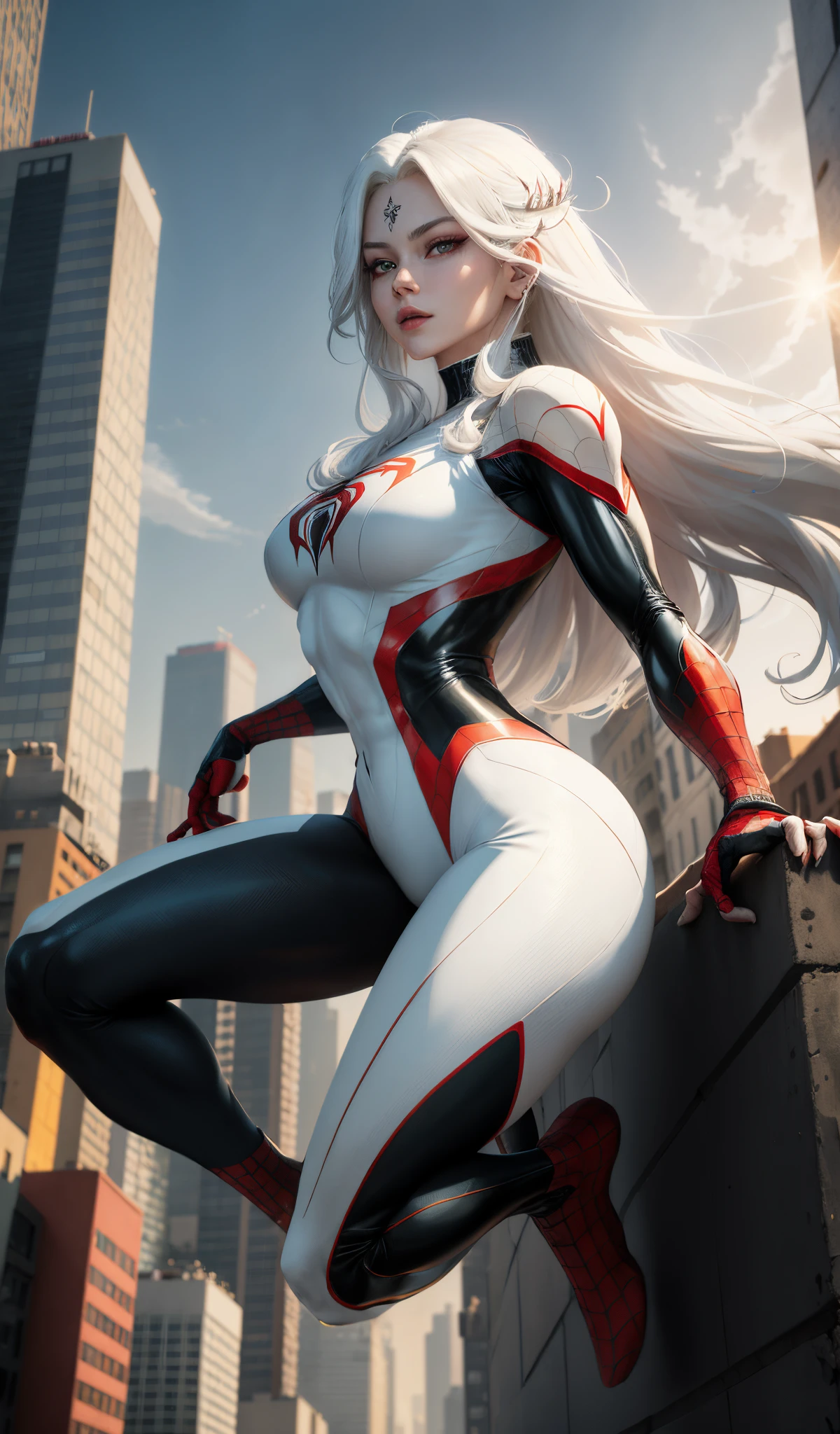 (obra de arte, 4k resolution, ultra-realistic, muito detalhado), (White superhero theme, charismatic, There&#39;s a girl at the top of town, vestindo fantasia de Homem-Aranha, she is a superhero), [ ((25 anos), (longos cabelos brancos:1.2), corpo todo, (olhos azuis:1.2), ((Postura do Homem-Aranha),show of force, jumping from one building to another), ((ambiente urbano arenoso):0.8)| (paisagem urbana, At night, dynamic lights), (lua cheia))] # Explanation: The prompt mainly describes an ultra-high-definition 4K painting, muito realista, muito detalhado. Shows a superheroine on top of the city, vestindo uma fantasia de Homem-Aranha. The theme of the painting is a white superhero theme, the female protagonist has longos cabelos brancos, is 25 anos old and her entire body is shown in the painting. In terms of portraying the actions of female superheroes, spiders are employed