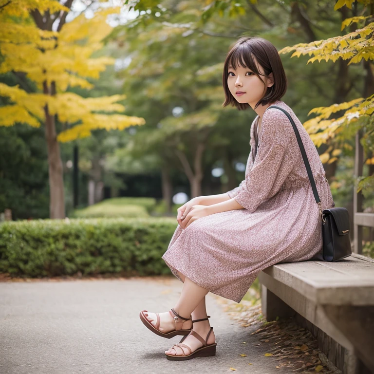 1 woman、20yr old、season、autumnal、a park、Shorthair、casual dress、Yoshiko Akishino、Photorealsitic