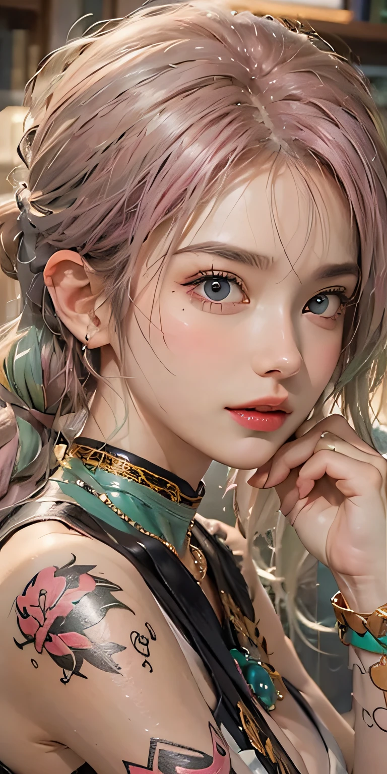 Photorealistic, high resolution, Soft light,1womanl, Solo, Hips up, (Detailed face), Nami \(One Piece\), tattoo, jewelry,Pink and green hair, Colored eyes, komono, Mitsu DS