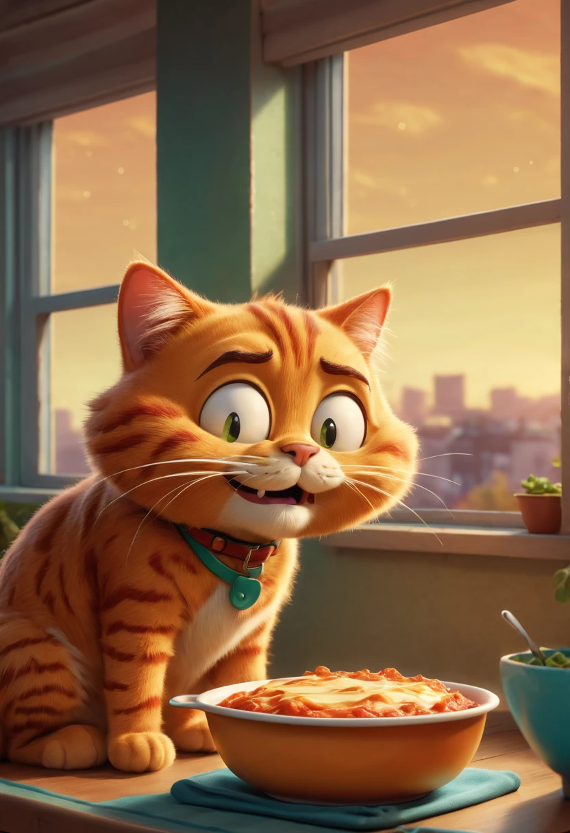 (a playful Garfield),illustration,[cartoonish, fun, vibrant:1.1],detailed fur texture,comic strip style,expressive eyes and facial features,curious expression,interacting with a bowl of lasagna,bright and colorful background,lighting from a window,highres,playful posts,retro vibes,comical,whimsical,colorful palette,crisp lines and shading,warm and inviting ambiance