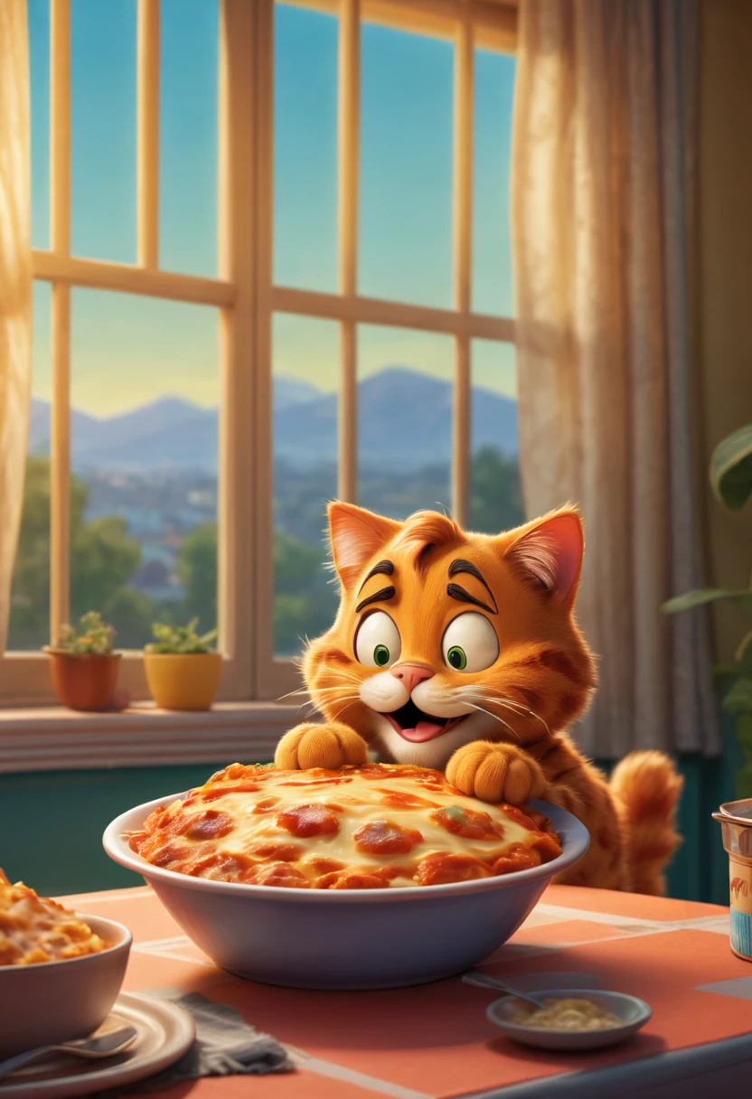 (a playful Garfield),illustration,[cartoonish, fun, vibrant:1.1],detailed fur texture,comic strip style,expressive eyes and facial features,curious expression,interacting with a bowl of lasagna,bright and colorful background,lighting from a window,highres,playful posts,retro vibes,comical,whimsical,colorful palette,crisp lines and shading,warm and inviting ambiance
