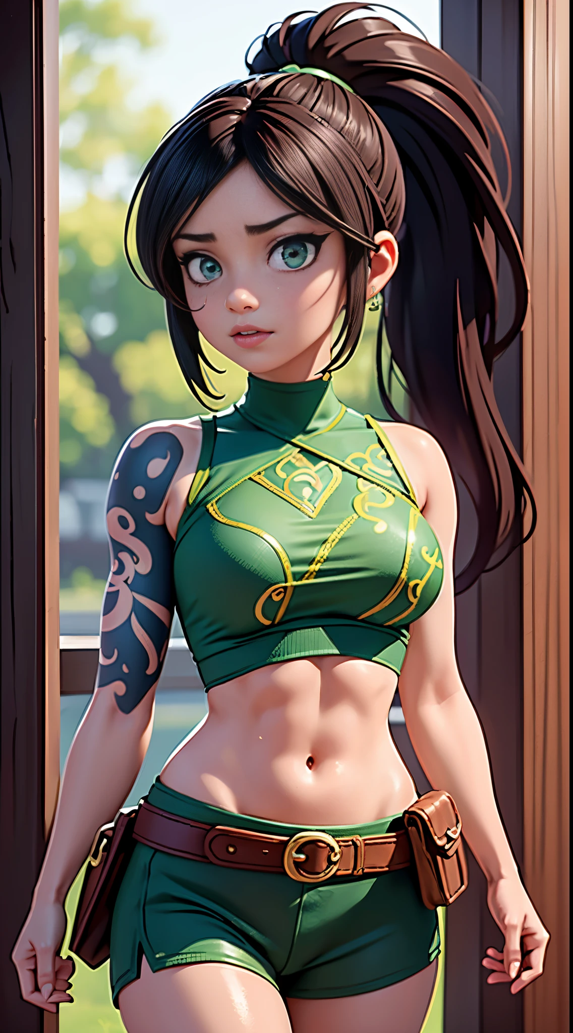 Akali, in the midst of a dense, mystical fog-filled forest, her figure barely visible, creating an air of suspense and danger. The fog plays with the shadows of her ninja outfit, revealing glimpses of her intensity. The environment is rich with ancient trees and hidden paths