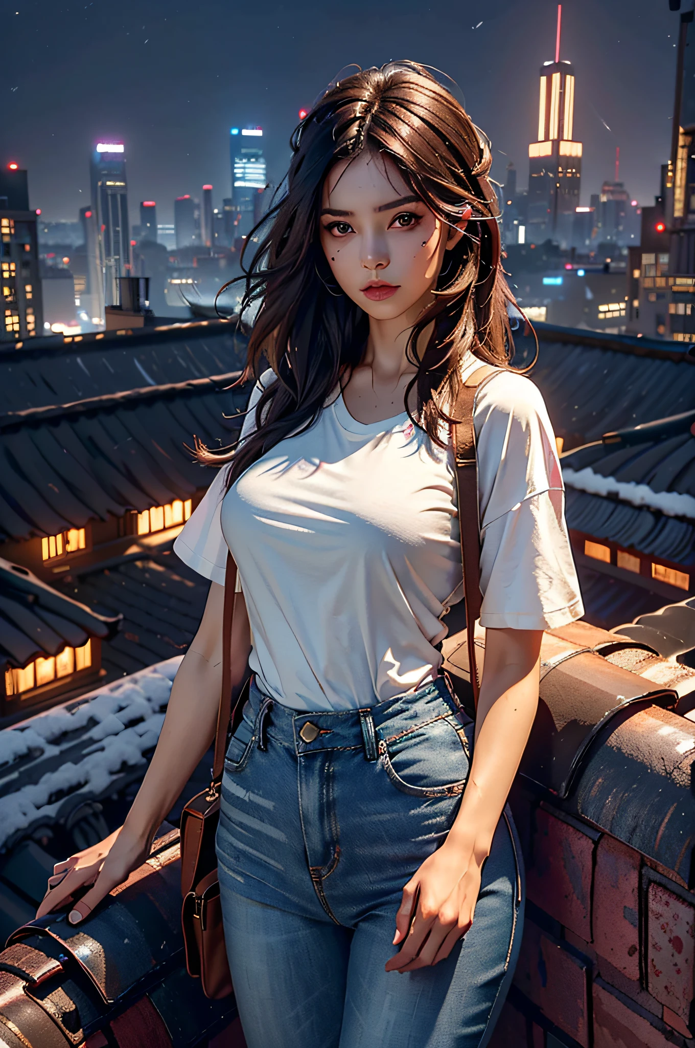 ((Midnight, Best quality, 8k, Masterpiece :1.3)), Whole body, Long legs, Sharp focus :1.2, A pretty woman with perfect figure :1.4, Slender abs :1.1, ((Dark brown hair, Big breasts :1.2)), (White tight tshirt, Jean bib, Standing:1.2), ((Night city view, Rooftop:1.3)), Highly detailed face and skin texture, Detailed eyes, Double eyelid
