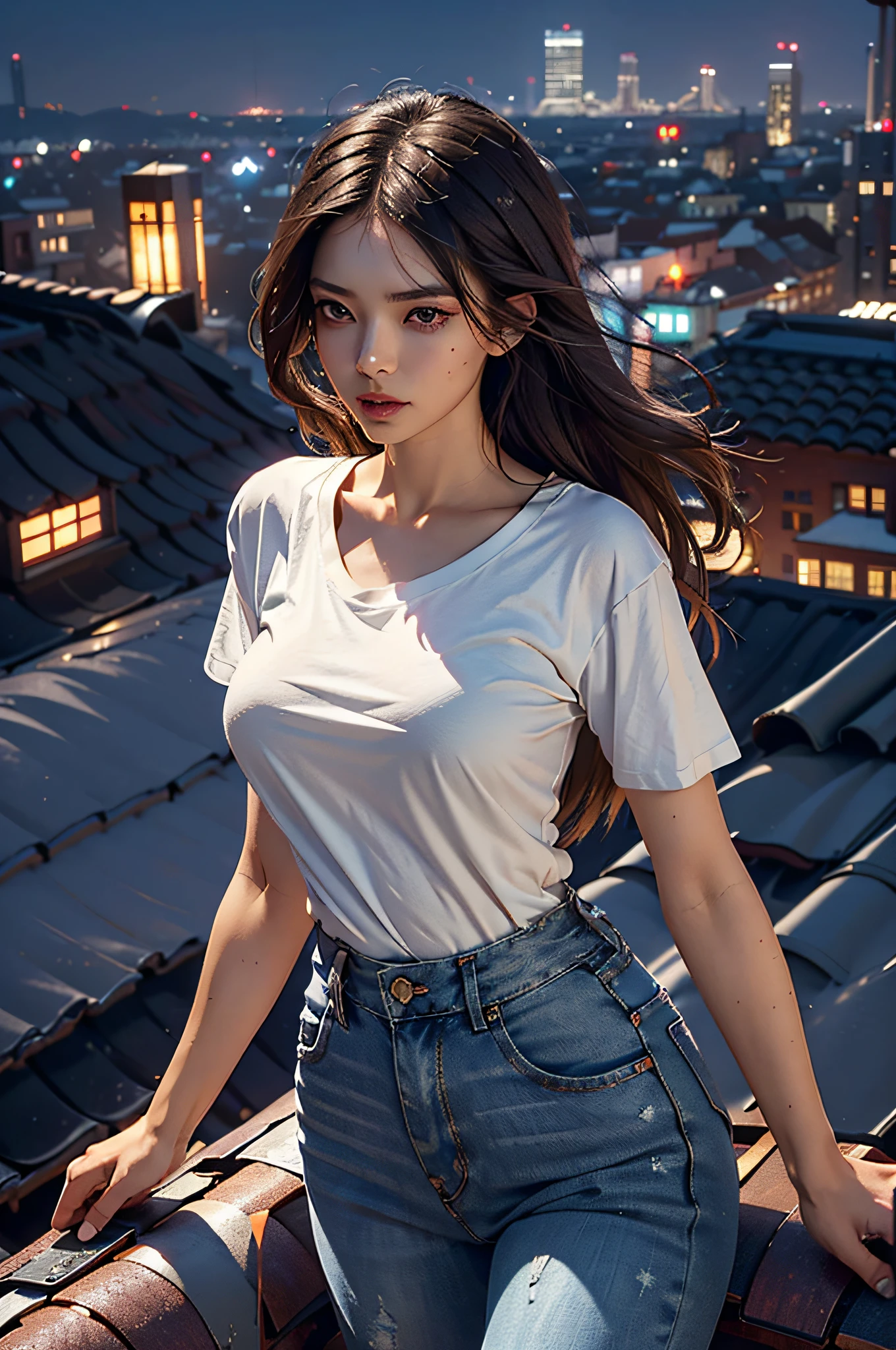 ((Midnight, Best quality, 8k, Masterpiece :1.3)), Whole body, Long legs, Sharp focus :1.2, A pretty woman with perfect figure :1.4, Slender abs :1.1, ((Dark brown hair, Big breasts :1.2)), (White tight tshirt, Jean bib, Standing:1.2), ((Night city view, Rooftop:1.3)), Highly detailed face and skin texture, Detailed eyes, Double eyelid