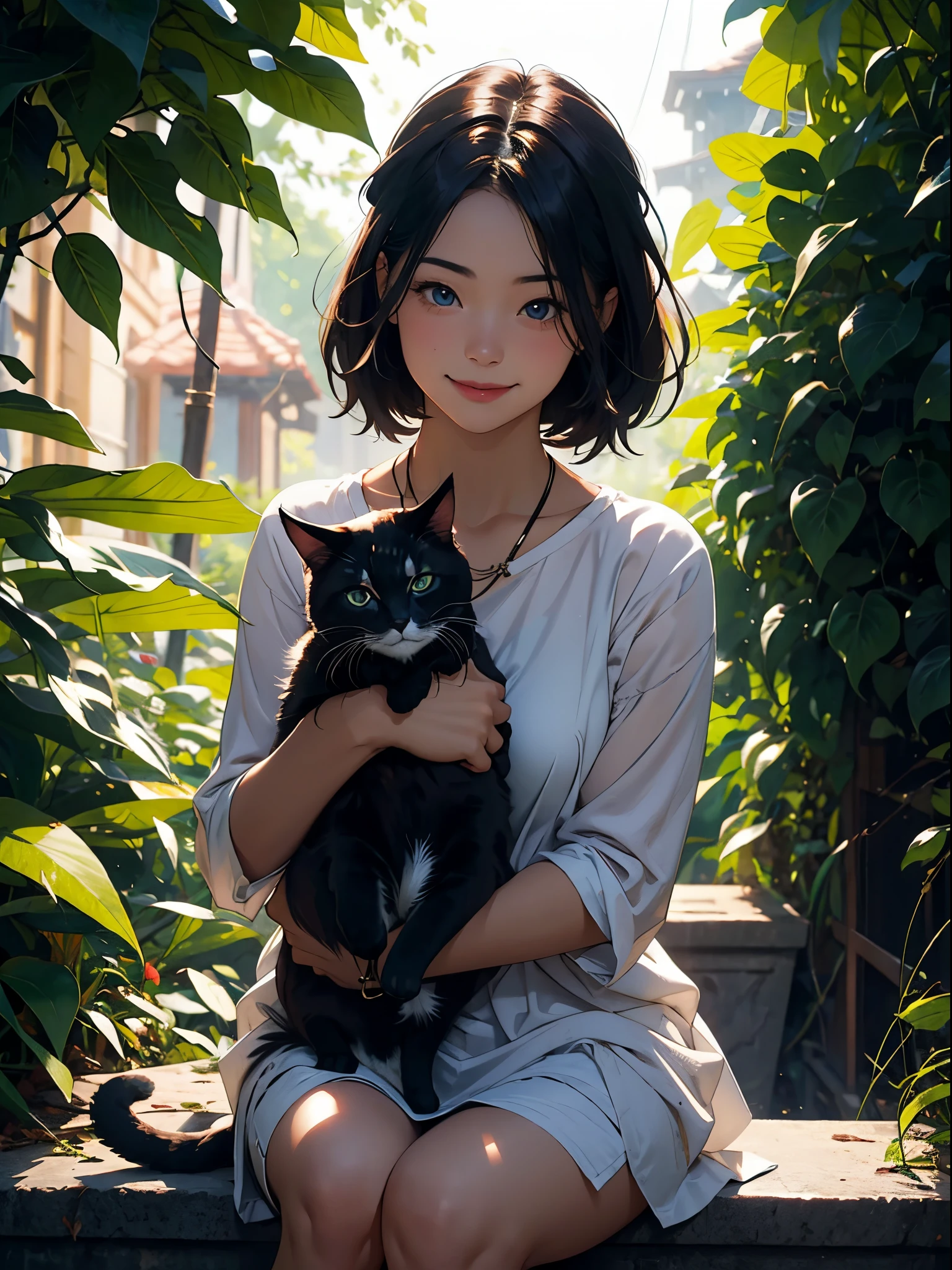 a girl holding a cat, happy, smile, dramatic light