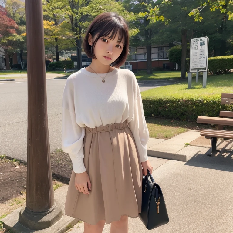 1womanl、20yr old、season、autumnal、a park、Shorthair、Casual dress、Yoshiko Akishino、Photorealsitic