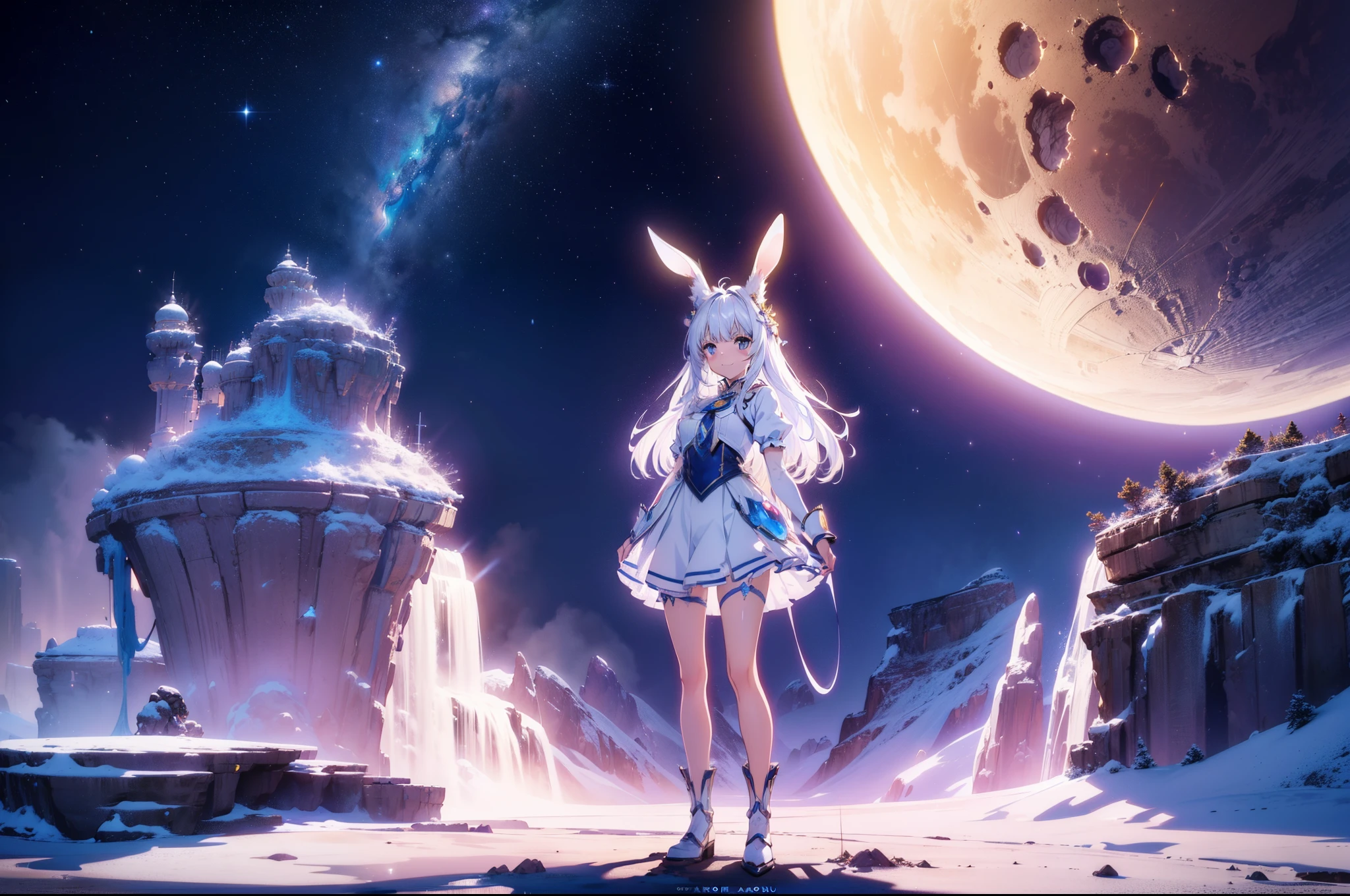 1 cute girl ,standing on moon surface, rabbit ears ,fantasy art, concept art, (close to viewer) , (character focus) , smile, cinematic lighting,background earth, high resolution,(incredibly absurdres) ,extremely detailed CG unity 8k wallpaper, ((masterpiece)), ((top-quality)), (beautiful illustration), ((an extremely delicate and beautiful))