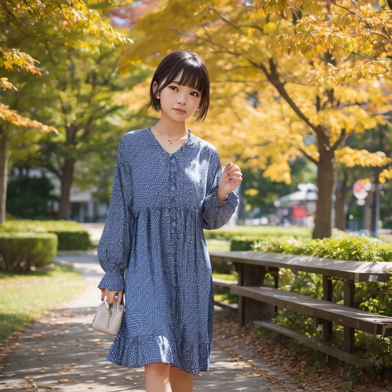 1womanl、20yr old、season、autumnal、a park、Shorthair、Casual dress、Yoshiko Akishino