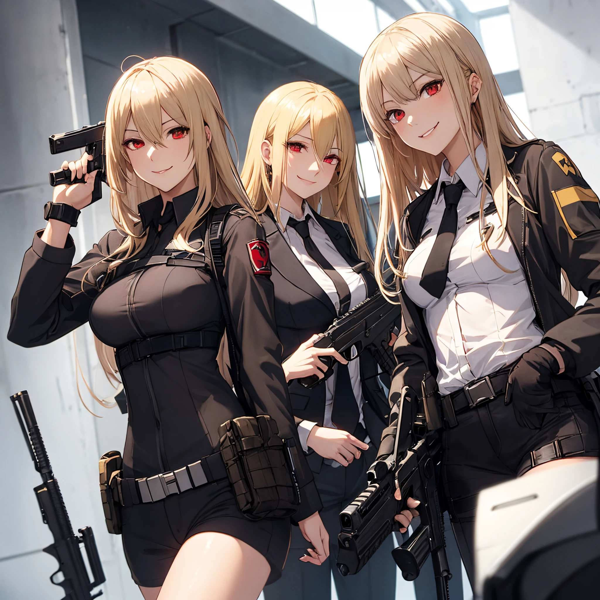 animesque a blond red eyes woman in suit with gun Inappropriate smile masuter piece Blonde haired red eyed escort with gun, girls frontline style, M4 Sopmode II