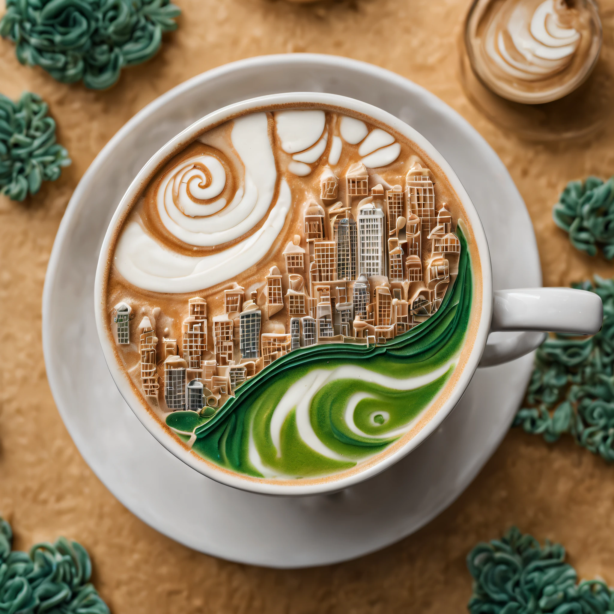 An intricately detailed microcosm constructed from layered latte foam and milk, depicting a charming miniature city with realistic architecture, green parks, and winding roads. Captured from a bird's eye view angle, the image features sharp lines, smooth gradients, and subtle textures, showcasing the delicate beauty of this fantastical landscape emerging from the depths of a cappuccino cup.