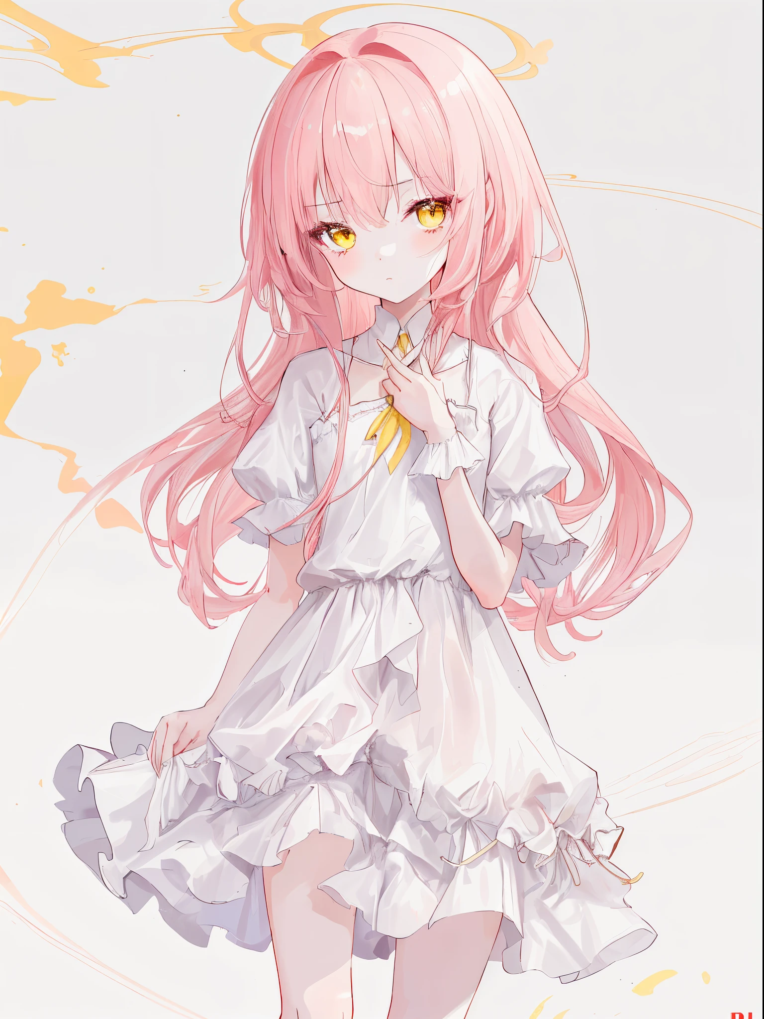 1girl, long pink hair, yellow eyes, slim body,  short height, small chest size, wearing white dress, absurdres, high res, ultrasharp, 8K, masterpiece, looking at viewer