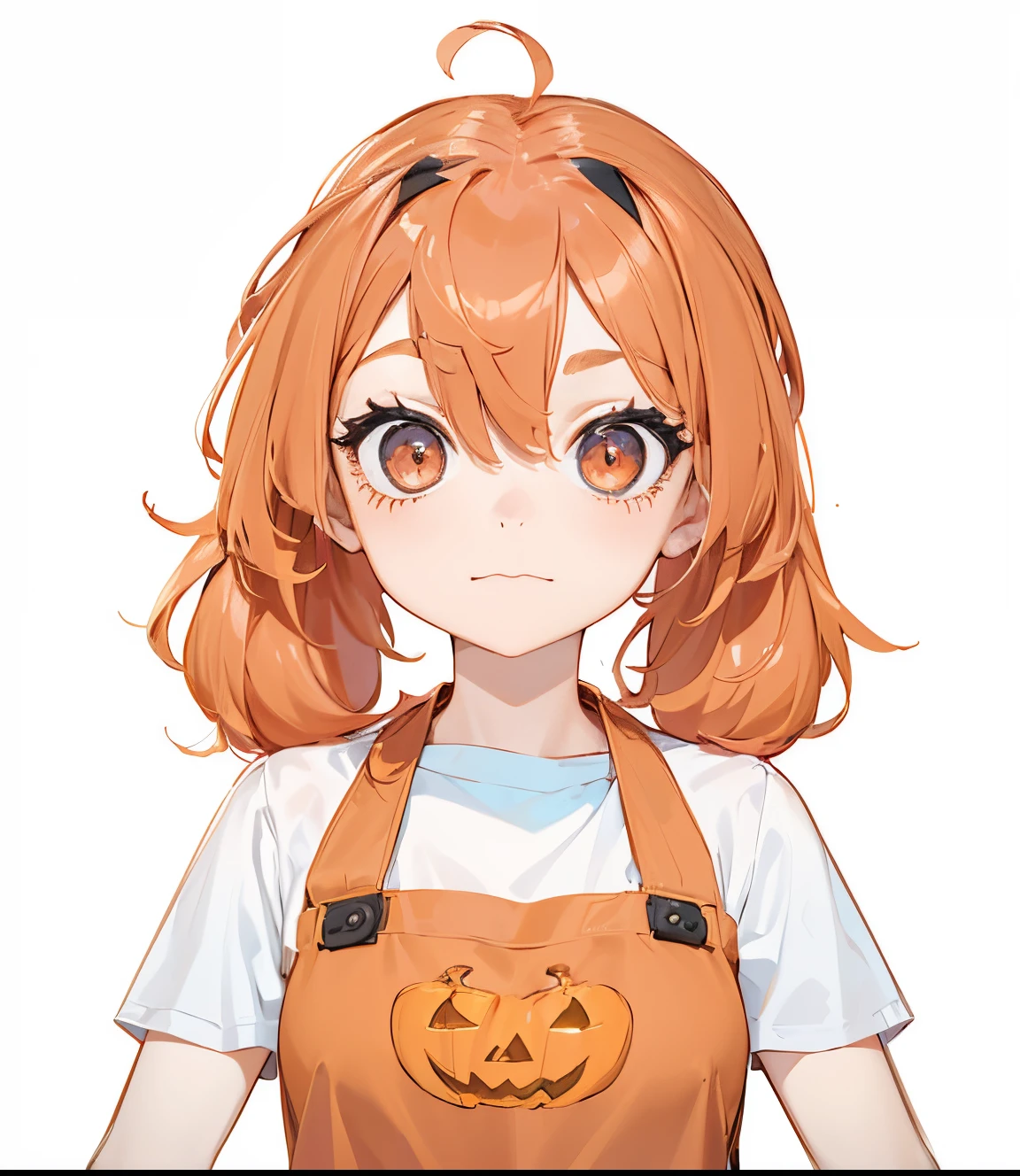 1 girl, Ana ariku, Wearing a white t-shirt and an orange vest, Black eyes, Orange hair pulled into two ponytails, A heart-shaped accessory with a Halloween pumpkin face on it, Realistic, ultra detailed, 70mm lens