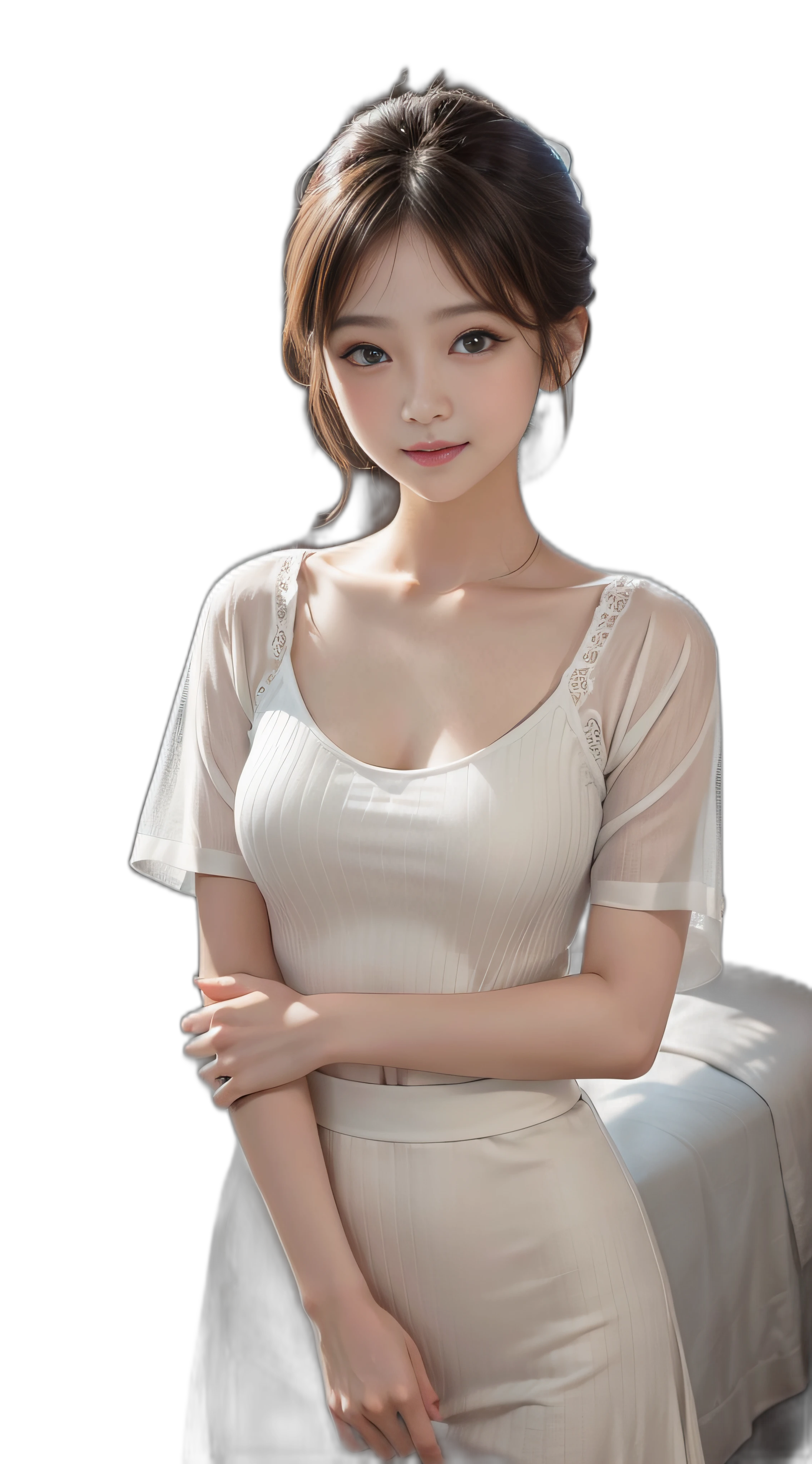 ​masterpiece、Top image quality:1.2、((beautiful young woman with))、Transparent skin:1.2、{A slight smil}、(kawaii)、Short sleeve knit:2.0、luxury hotel、depth of fields、Sharp Focus:1.5、Fine details、The chest is sheer