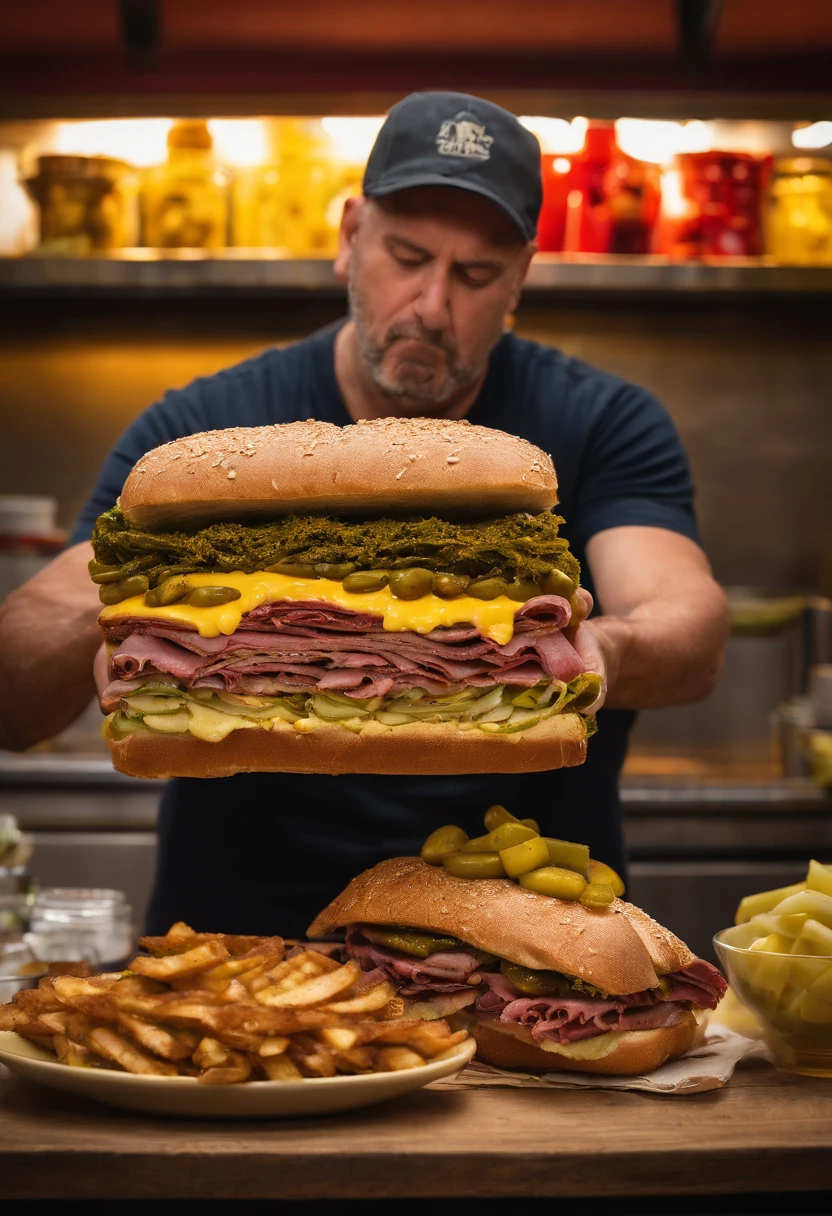 A photo of a massive pastrami sandwich piled high with pickles and mustard,original,Angry deli dude is a middle aged Italian man that works at a deli making sandwiches