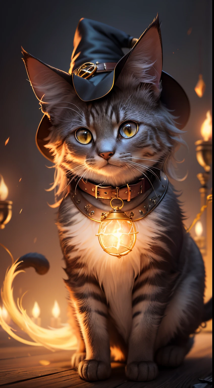 a cg render of a cat [:with a witch hat:8], (animal), professional imge,4k,cute, magic,magical, (no_humans:1.5), spell, beautiful furr, four paws, glow, steampunk style, golden details, beautiful tail, collar, glowing penddant