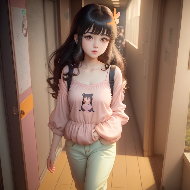 A heroine girl with thin almond honey eyes, small pink lips, rosy Full cheeks andlong fluffy wavy black hair with bangs in orange and black  butterfly cut top and oversized pants is walking down a hallway  artwork in the style of guweiz, a beautiful anime girl 3d, anime style. 8k, ddlc, anime styled 3d, realistic anime 3 d style, vintage , trending on cgstation, loish art style, 1980 vibes, lovely and cute, kawaii hq render