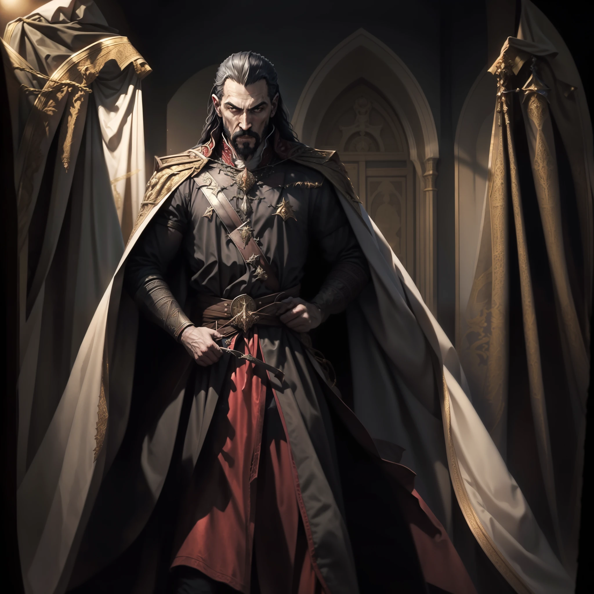 Moroccan Castlevania Le Seigneur des ombres hyper réaliste super détaillé Pinch de vue dynamique chef-d'Oeuvre scène cinématique scènes de filme Lord Dracula menant des troupes armée de démons pour combattre des détails pointus cinématique portrait zoom