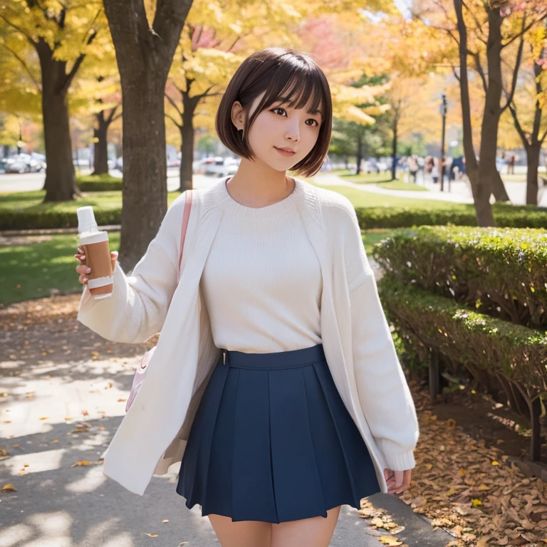 1womanl、24 year old、season、autumnal、a park、Shorthair、skirt by the