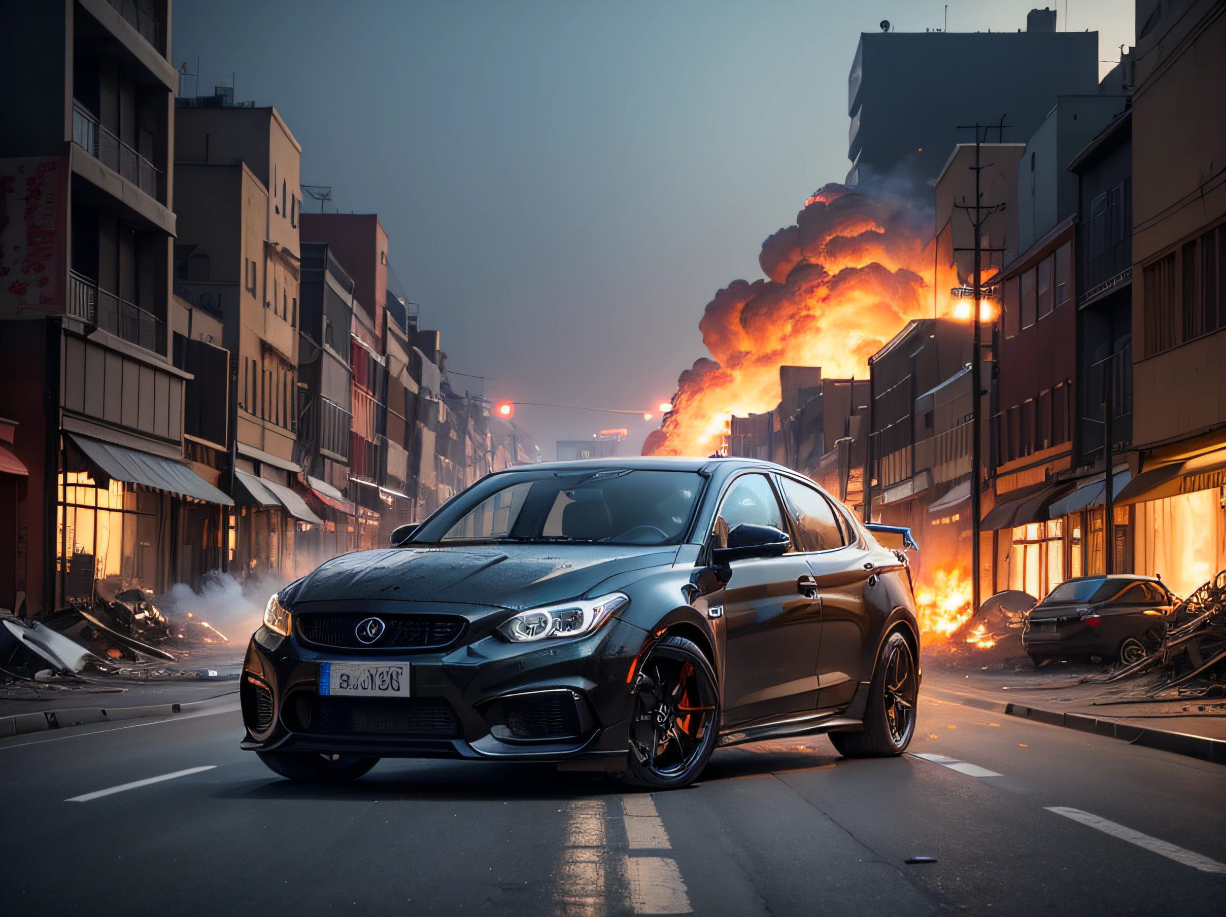 超High resolution、Ultra high image quality、8K、Detailed details、amazing expressions、destroyed city, headlights on, flaming wheels, smoke-filled road frames