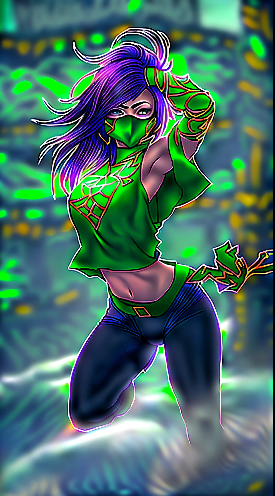 Akali, in the midst of a dense, mystical fog-filled forest, her figure barely visible, creating an air of suspense and danger. The fog plays with the shadows of her ninja outfit, revealing glimpses of her intensity. The environment is rich with ancient trees and hidden paths