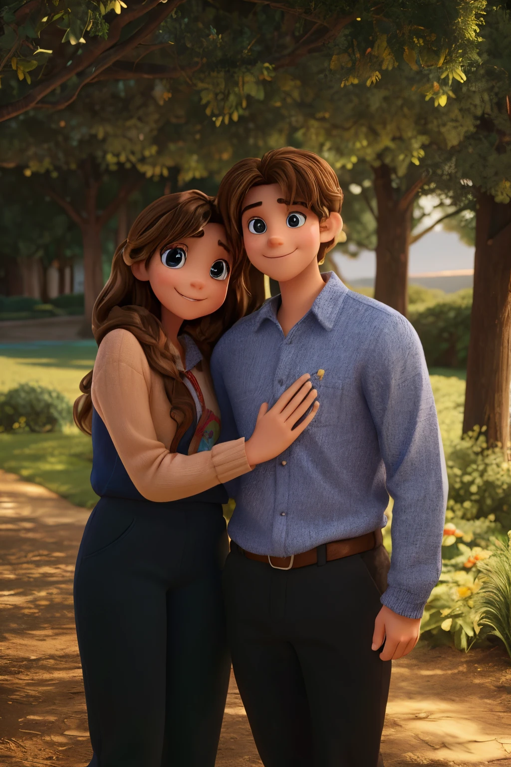 Create a Disney Pixar image of a girl and a boy that are watching a movie together and cuddling. The girl with long wavy brown hair, hazel eyes, and brown eyebrows, wears a cheerful outfit with colors that complement her character. The boy, has brownish blonde hair and strikingly bright blue eyes resembling the ocean. He sports a charming and casual look. Both characters have radiant smiles, and their body language conveys affection and happiness when they're together. 3-D image.