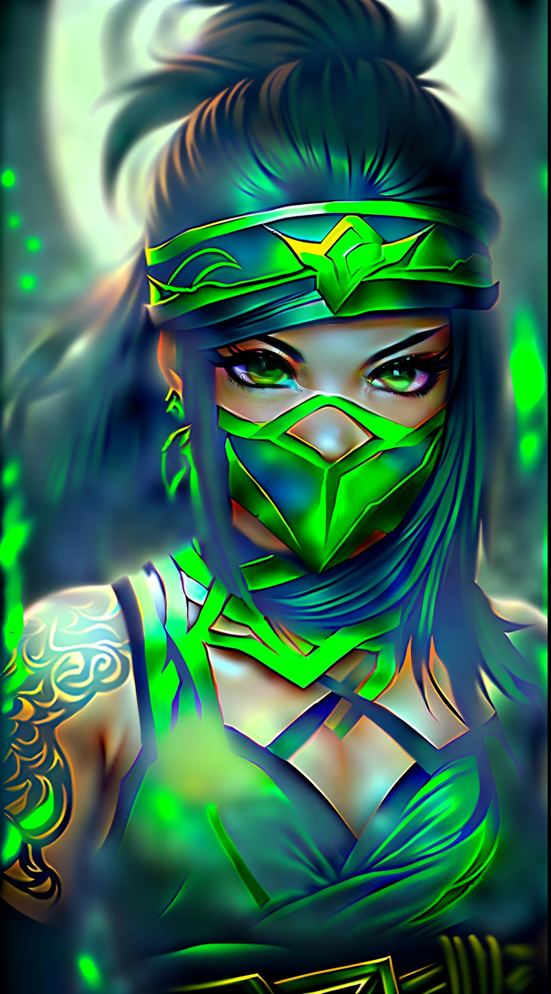 (beautiful detailed face and eyes and hair:1.1), 1girl, Akali, looking at viewer, league of legends, abs, arm tattoo, by night, green shirt, green mask, ninja style