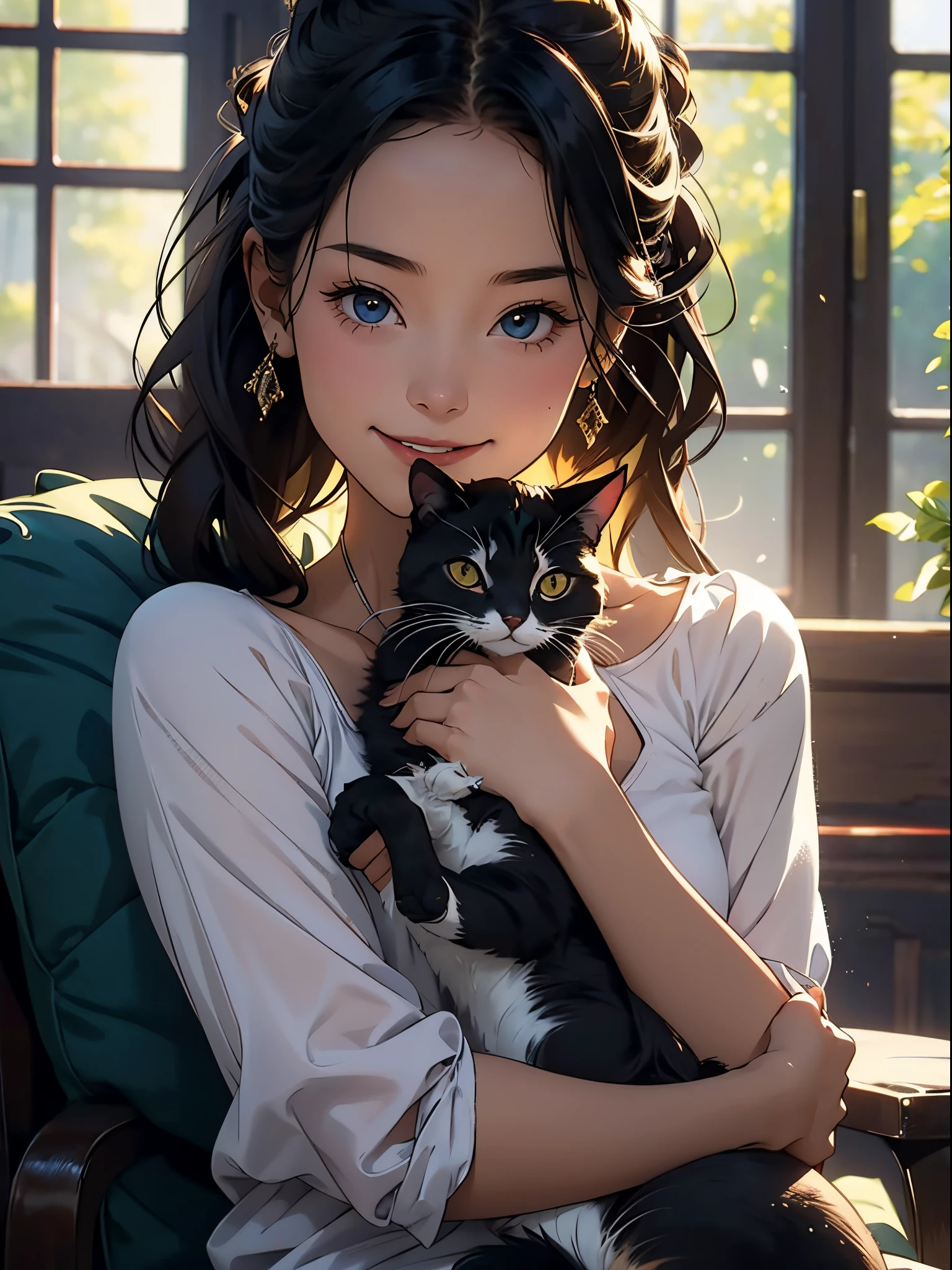 a girl holding a cat, happy, smile, dramatic light
