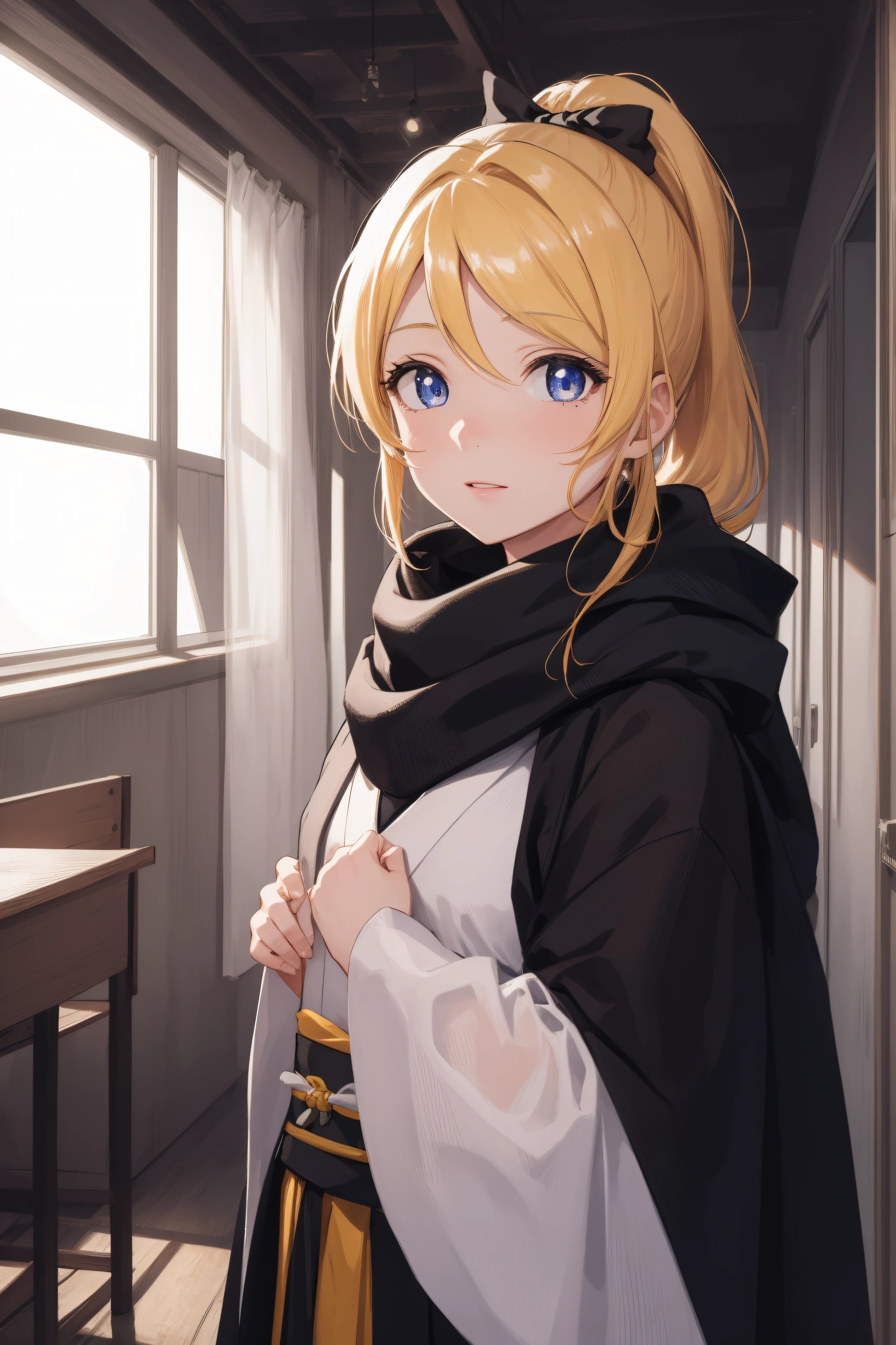 eliayase, eli ayase, yellow hair, blue eyes, ponytail, hair ribbon, 
BREAK black scarf, black bow, japanese clothes, kimono, sash, scarf,
BREAK looking at viewer,standing, leaning forward, (arms behind back:1.2),
BREAK indoors, classroom, 
BREAK (masterpiece:1.2), best quality, high resolution, unity 8k wallpaper, (illustration:0.8), (beautiful detailed eyes:1.6), extremely detailed face, perfect lighting, extremely detailed CG, (perfect hands, perfect anatomy),