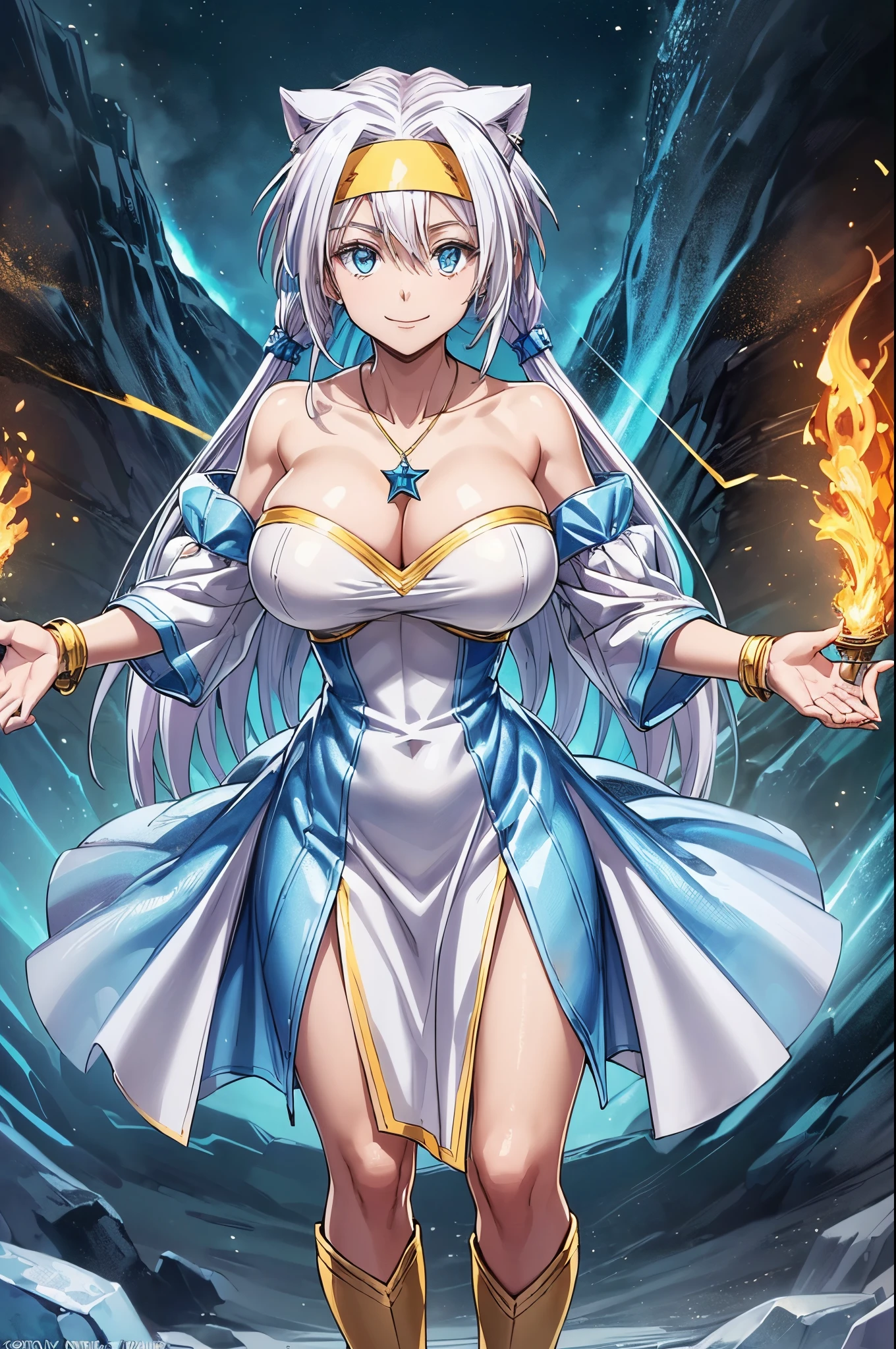 (1 girl), (((Velzard de tensei shitara slime datta ken))), She has fair skin, eyes the color of blue diamonds, long and shiny pearl-white hair, tied in double ponytails, reaching waist length, pearl white hair, (((She wears a blue star-shaped pendant and a gold headband))), (white and blue shoulderless dress and blue boots, She also wears highlighted white sleeves), breasts large, thin arms, (standing), thin waist, (((scenario inside the volcano full of lava and fire spread across the scene and a huge dragon emerging from the fire))), empty eyes, empty eyes, empty eyes, smile icy, eye flare, glowing eyes, bad mood, anime, anime style, ray tracing, cinematic lighting, panorama, Sony FE, UHD, masterpiece, anatomically correct, super detail, high quality, best quality, high resolution, 16k