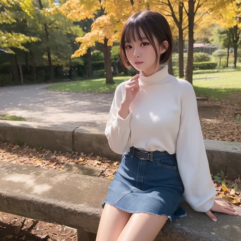 (8K、RAW Photography、top-quality、masterpiece:1.2)、(realisitic、Photorealsitic:1.37)、1womanl、24 year old、season、autumnal、a park、Shorthair、skirt by the