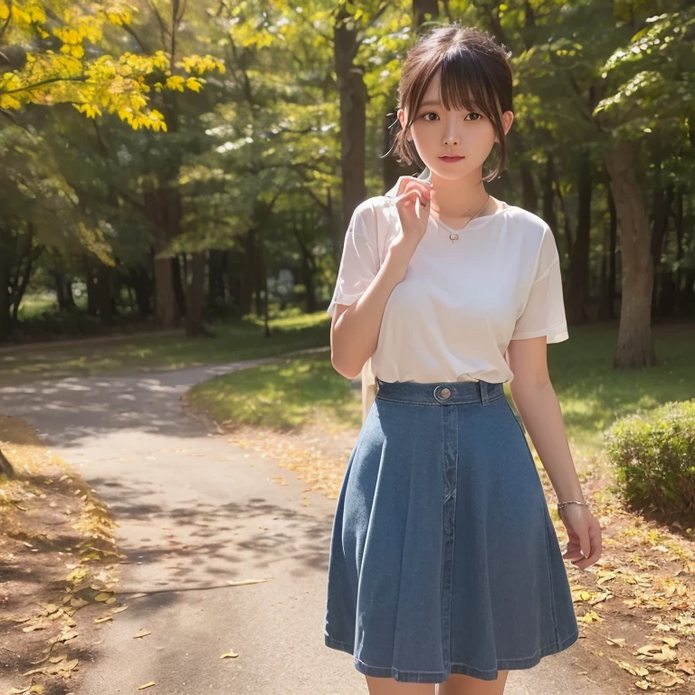 (8K、RAW Photography、top-quality、masterpiece:1.2)、(realisitic、Photorealsitic:1.37)、1womanl、24 year old、season、autumnal、a park、Shorthair、skirt by the