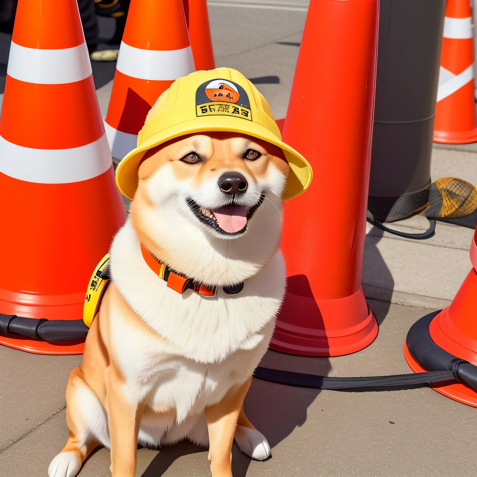 Alaphid dog wearing yellow hat sitting next to orange cones, governor, Shibuya, cone, Shiba dog, japanese dog, Anthropomorphic Shiba Inu, governor meme, rubble!!, shiba inu cosmonaut, Shiba dog, he's wearing a hat, it's wearing a cute little hat
