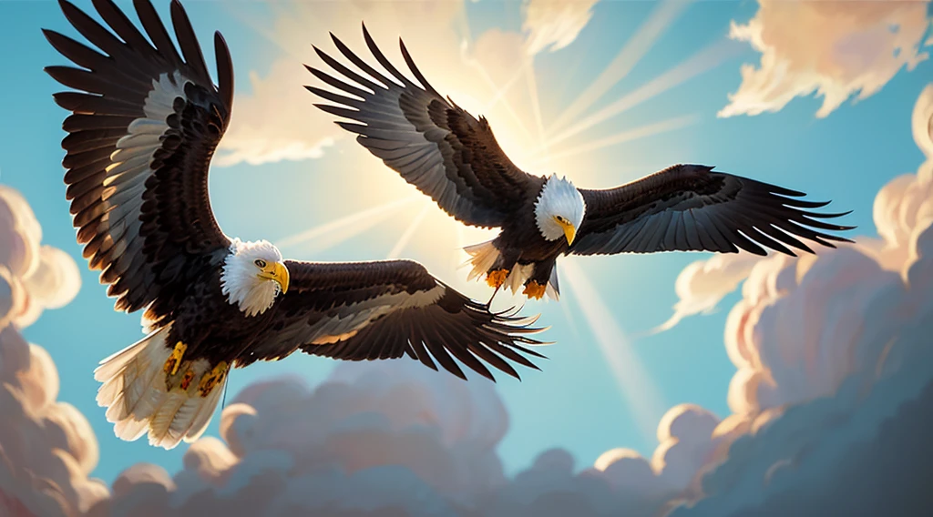 bold eagle painting,  fly in formation in the sky, Cloudy sky background, magnificent american bald eagle (highest details, masutepiece, Best Quality :1.5) birdseye view, Sun rays, Divine Rays, sense of awe, Majestic atmosphere, Super Real, highest details, Best Quality, 16 K, [ultra-detailliert], masutepiece, Best Quality, (Extremely detailed), Ultra Wide Shot, Photorealism, depth of fields, painting hyper realistic,