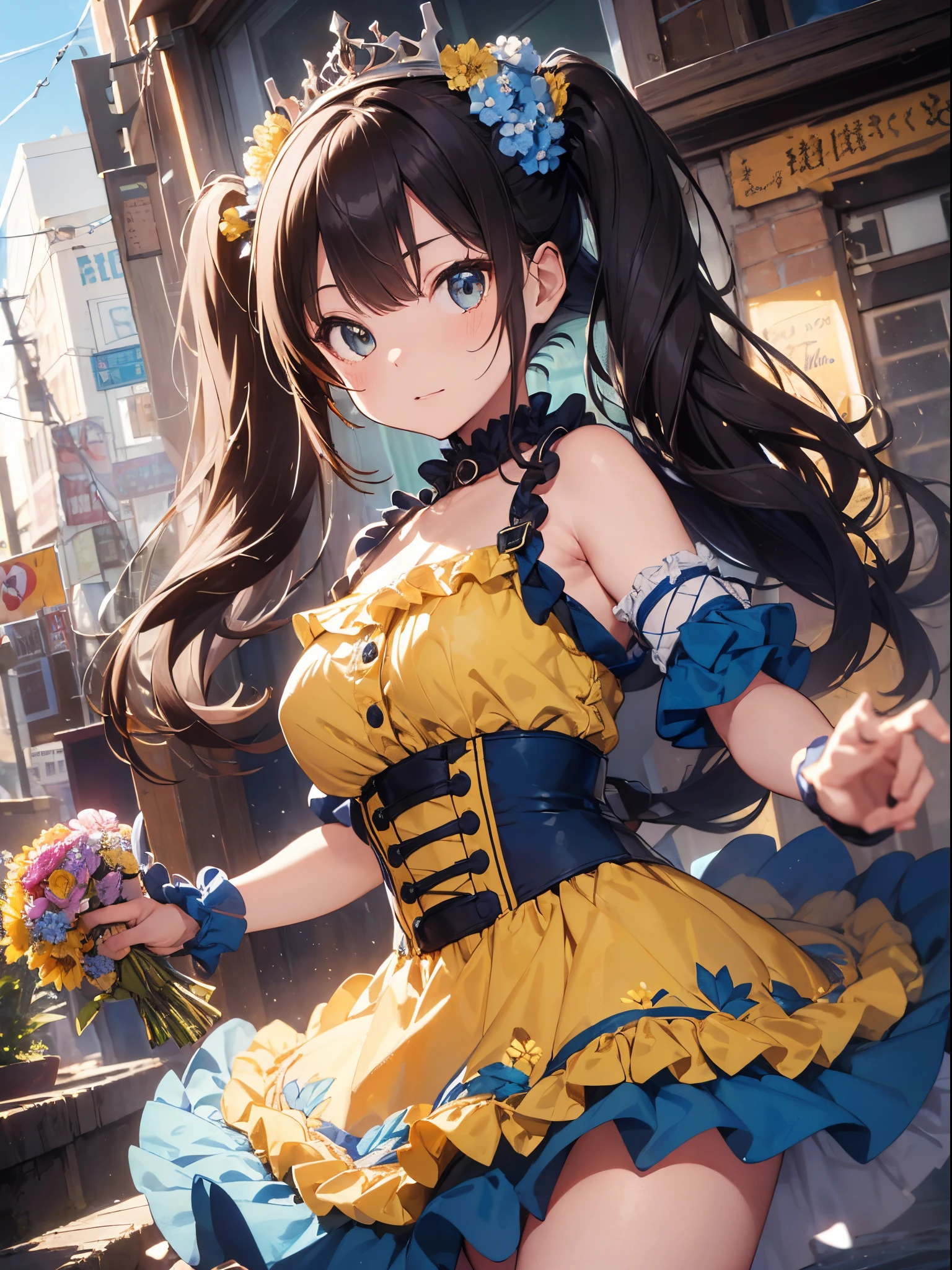 (Best Picture Quality, 4K, High Quality, Masterpiece:1.2), ((Masterpiece)), High Detail, High Quality, (HDR,16k, RAW Beautiful Girl Portrait, Best Picture Quality, Masterpiece:1.2), (Ultra-Definition Illustration), nsfw, nude, idolmaster, idol costume, young teen, spotlight, extremely cute, brown hair color, twintail hair, sleeveless, detached sleeves, (yellow & blue frilled dress with flower stitches:1.3), tiara, battle field, holding machine gun