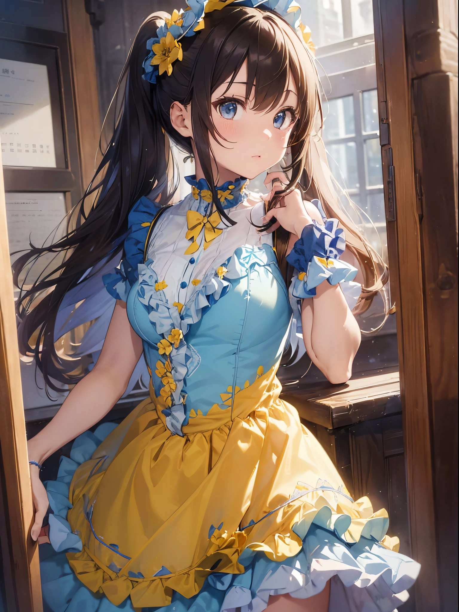 (Best Picture Quality, 4K, High Quality, Masterpiece:1.2), ((Masterpiece)), High Detail, High Quality, (HDR,16k, RAW Beautiful Girl Portrait, Best Picture Quality, Masterpiece:1.2), (Ultra-Definition Illustration), nsfw, nude, idolmaster, idol costume, young teen, spotlight, extremely cute, brown hair color, twintail hair, sleeveless, detached sleeves, (yellow & blue frilled dress with flower stitches:1.3), tiara, battle field, holding machine gun