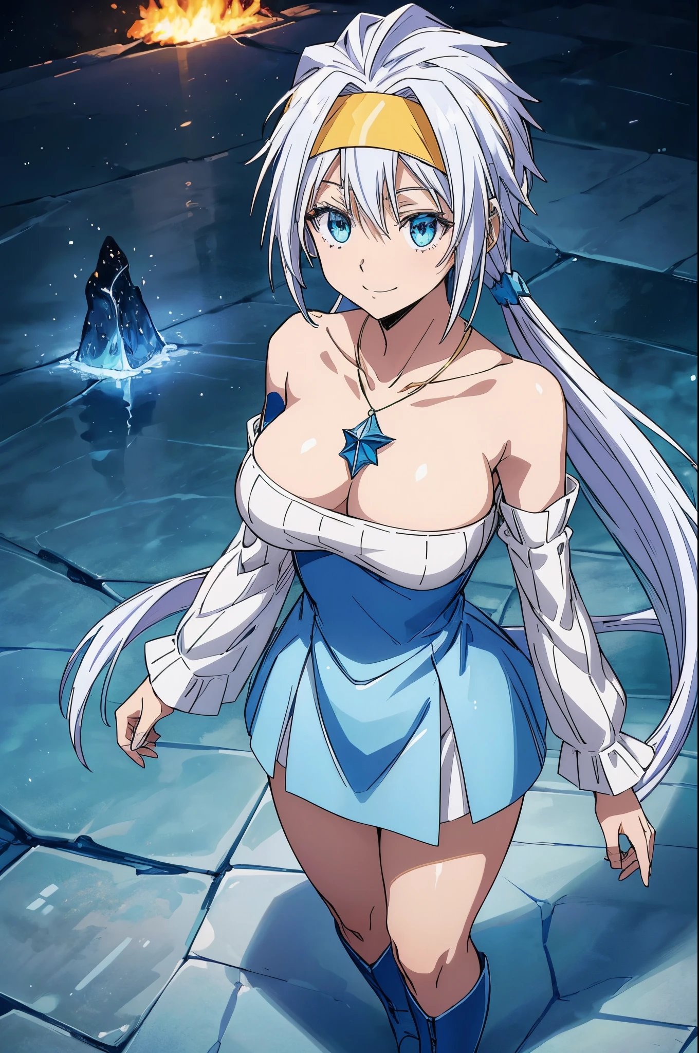 (1 girl), (((Velzard de tensei shitara slime datta ken))), She has fair skin, eyes the color of blue diamonds, long and shiny pearl-white hair, tied in double ponytails, reaching waist length, pearl white hair, (((She wears a blue star-shaped pendant and a gold headband))), (white and blue shoulderless dress and blue boots, She also wears highlighted white sleeves), breasts large, thin arms, (standing), thin waist, (((scenario inside the volcano full of lava and fire spread across the scene and a huge dragon emerging from the fire))), empty eyes, empty eyes, empty eyes, smile icy, eye flare, glowing eyes, bad mood, anime, anime style, ray tracing, cinematic lighting, panorama, Sony FE, UHD, masterpiece, anatomically correct, super detail, high quality, best quality, high resolution, 16k