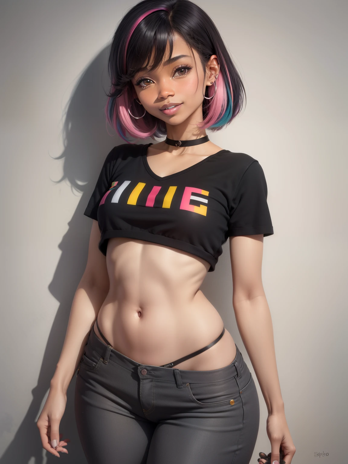 (obra-prima), (melhor qualidade), (ultra-detalhado), (corpo inteiro: 1.2) nsfw loli garota negra, crop moletom preto, pants, crop blouse, sorriso claro, corpo inteiro, :3, cabelo multicolor, enrolado, encaracolado, crespo moderno, Modern accessories, fundo tom pastel , colorido e simples.