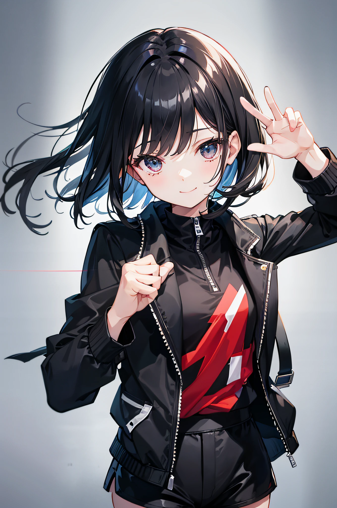 Waving hands、a smile、Black hair shortcuts、Gamine、put one hand in your jacket pocket、Wearing a black jacket、hotpants、The background is a park、Focus on girls、top-quality、