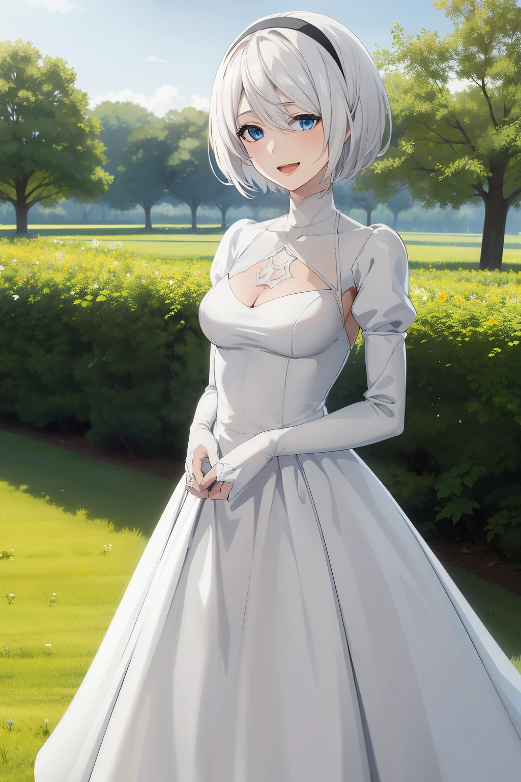masterpiece, best quality, highres, aarurutie,1girl, wedding dress, white dress, standing, garden, smile, open mouth, yorha no. 2 type b, short white hair, blue eyes