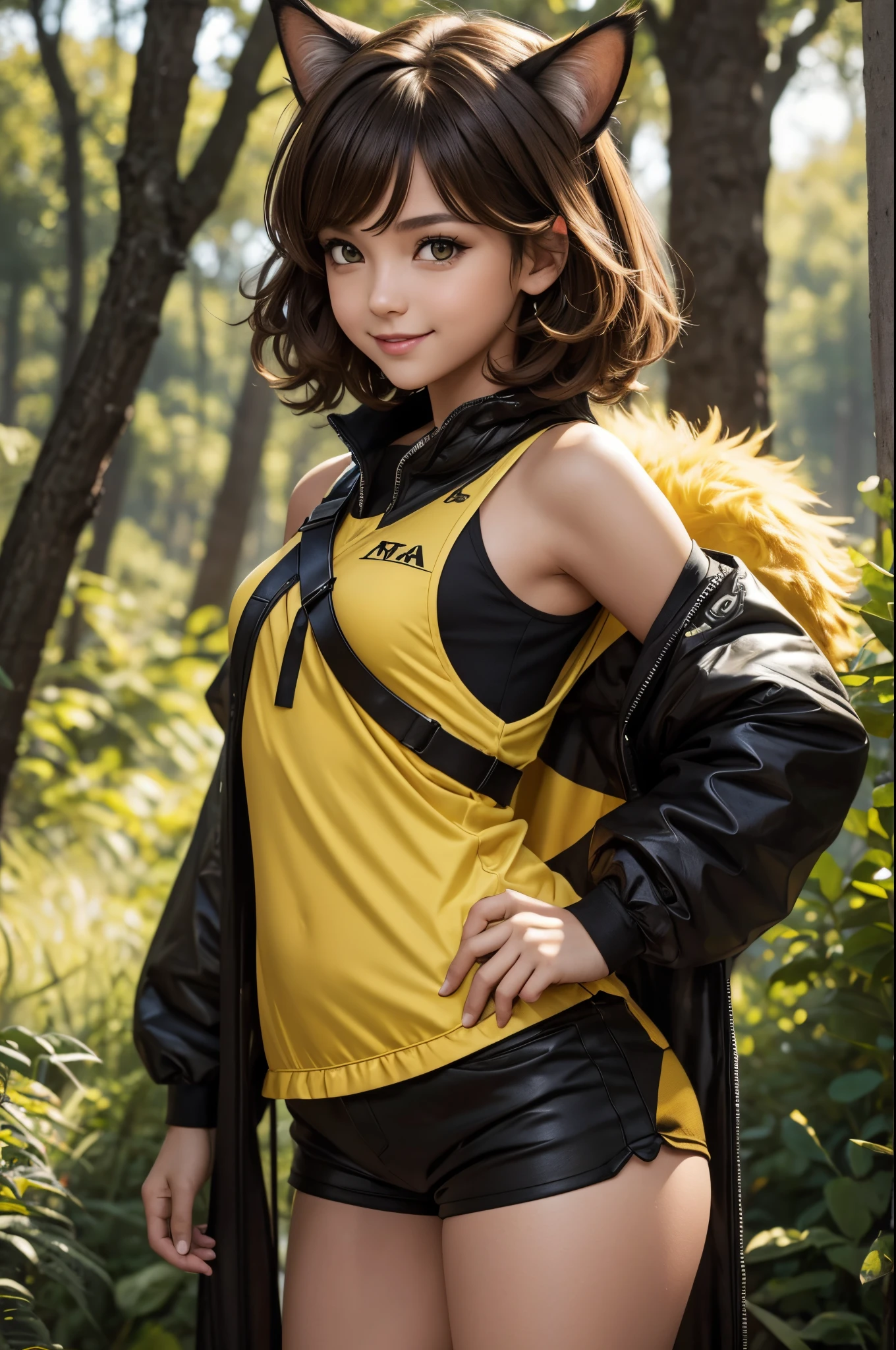 8k,Small-breasted cat girl in black and yellow costume posing for a photo, small breasted cat girl, Attractive girl with bright brown hair and short permed hair, Fantasyart, littleirl, wojtek fus, wears a black and yellow exterior, chiquita, Trending on CGSTATION,in woods,a smile,Light brown permed short hair,Black and yellow shorts,enticing,超A high resolution,real looking skin,