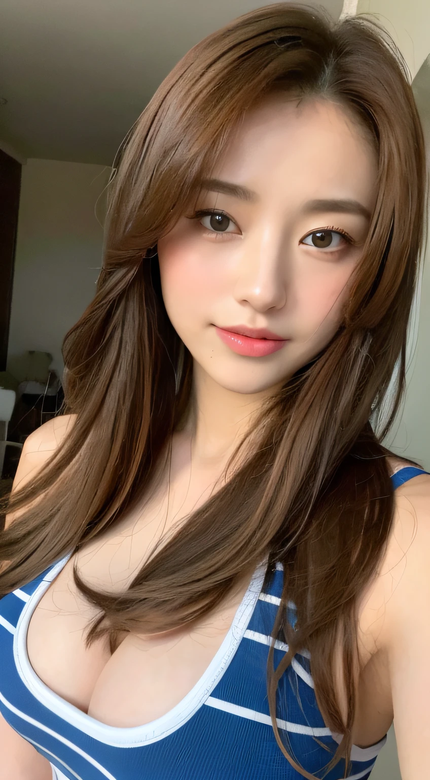 ((top-quality、8K、​masterpiece:1.3))、1girl in、Beautiful woman with plump abs emphasized:1.3、full body Esbian、(The long-haired、Colossal tits:1.2)、Body Paint、Tank Tops:1.2、Super delicate face、Delicat eyes、二重まぶた、A smile、Home、Random color clothes