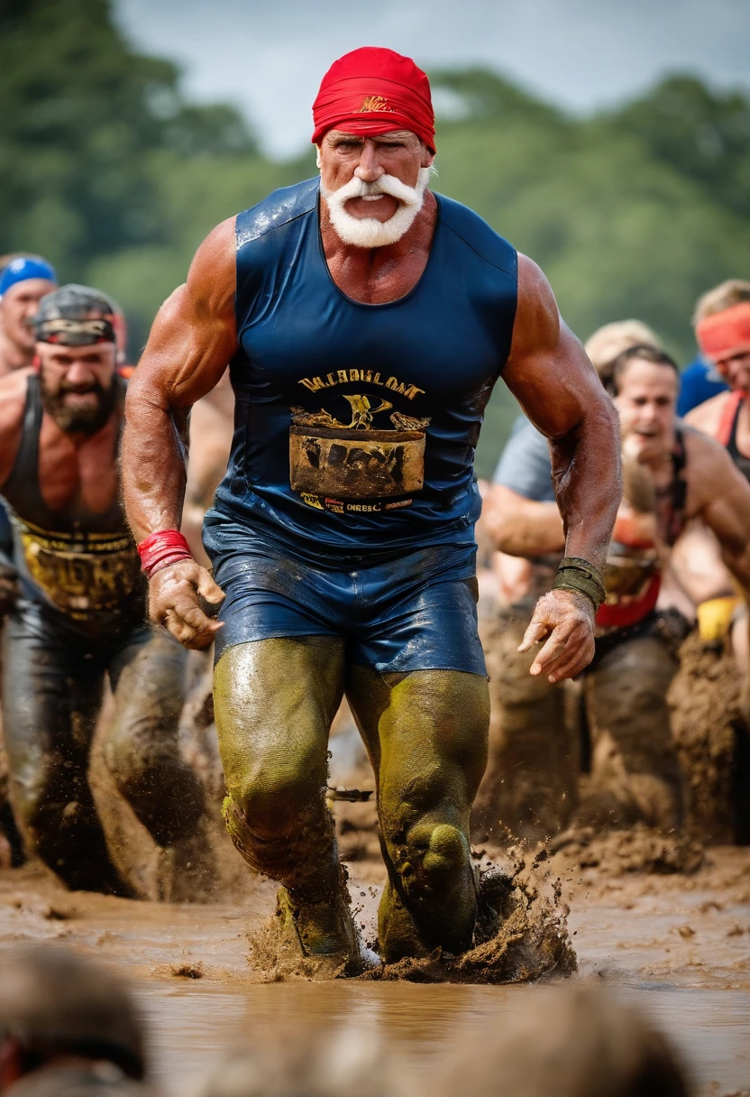 A shot of Hulk Hogan doing a mud run race with other participants,WWE Wrestling,Hulk Hogan