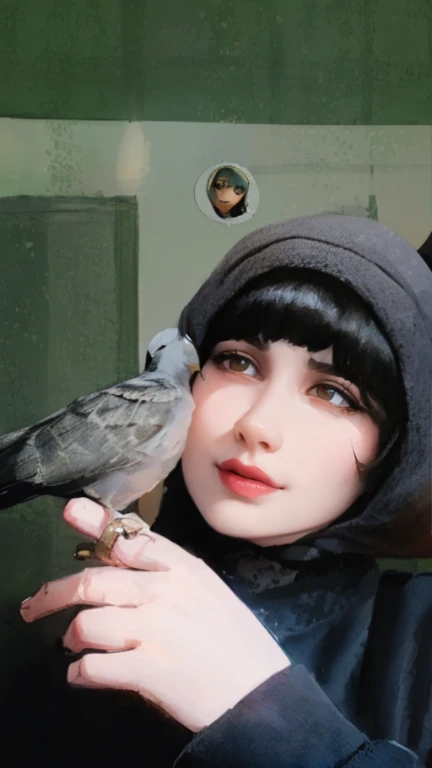 there is a woman holding a bird in her hand, with a crow on her shoulder, anastasia ovchinnikova, profile picture 1024px, pet bird, profile pic, pale-skinned persian girl, alina ivanchenko, friend, moleksandra shchaslyva, profile image, sofya emelenko, angelina stroganova, profile photo