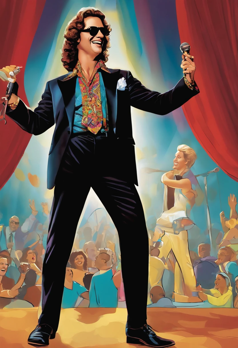 The image is of the character dressed up as a 90s stand-up comedian, performing on a colorful stage with a microphone in hand and a laughing audience in the background.,original,Howard in the 1990s, the renowned radio personality, was known for his distinctive, long curly hair that fell past his shoulders, often paired with dark sunglasses, projecting a rock star-like image. His tall, slender frame was typically clad in casual, yet stylish attire, reflecting his nonconformist attitude and presence in the entertainment world.