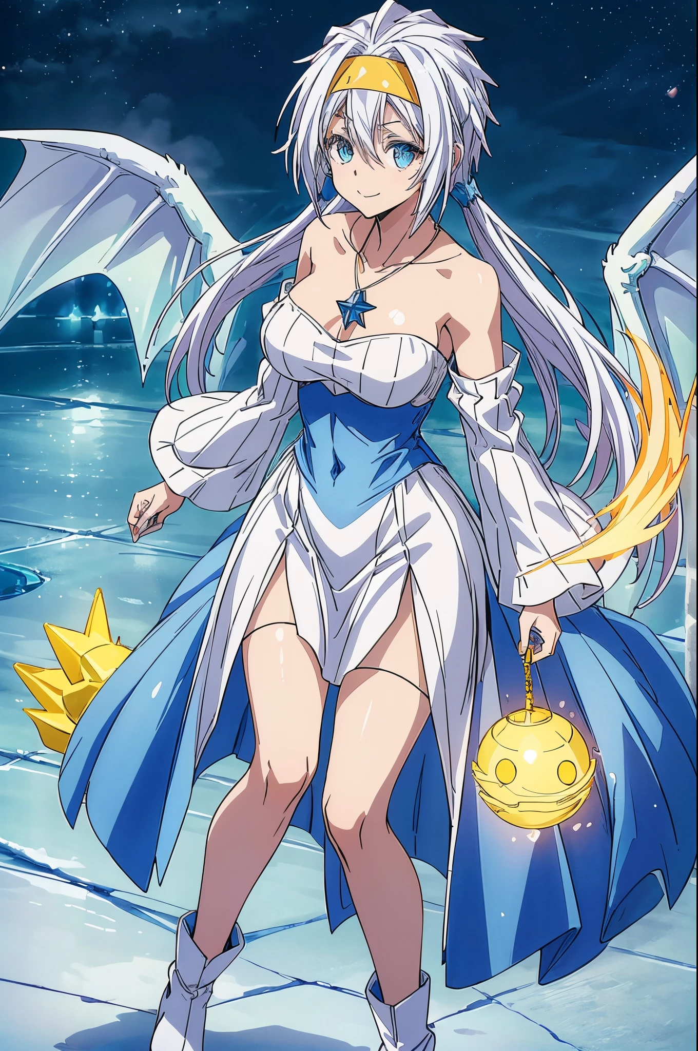 (1 girl), (((Velzard de tensei shitara slime datta ken))), She has fair skin, eyes the color of blue diamonds, long and shiny pearl-white hair, tied in double ponytails, reaching waist length, pearl white hair, (((She wears a blue star-shaped pendant and a gold headband))), (white and blue shoulderless dress and blue boots, She also wears highlighted white sleeves), breasts large, thin arms, (standing), thin waist, (((scenery destroyed at night with a giant ice dragon flying across the scenery))), empty eyes, empty eyes, empty eyes, icy smile, eye reflection, glowing eyes , bad mood, anime, anime style, ray tracing, cinematic lighting, panorama, Sony FE, UHD, masterpiece, anatomically correct, super detail, high quality, best quality, high resolution, 16k