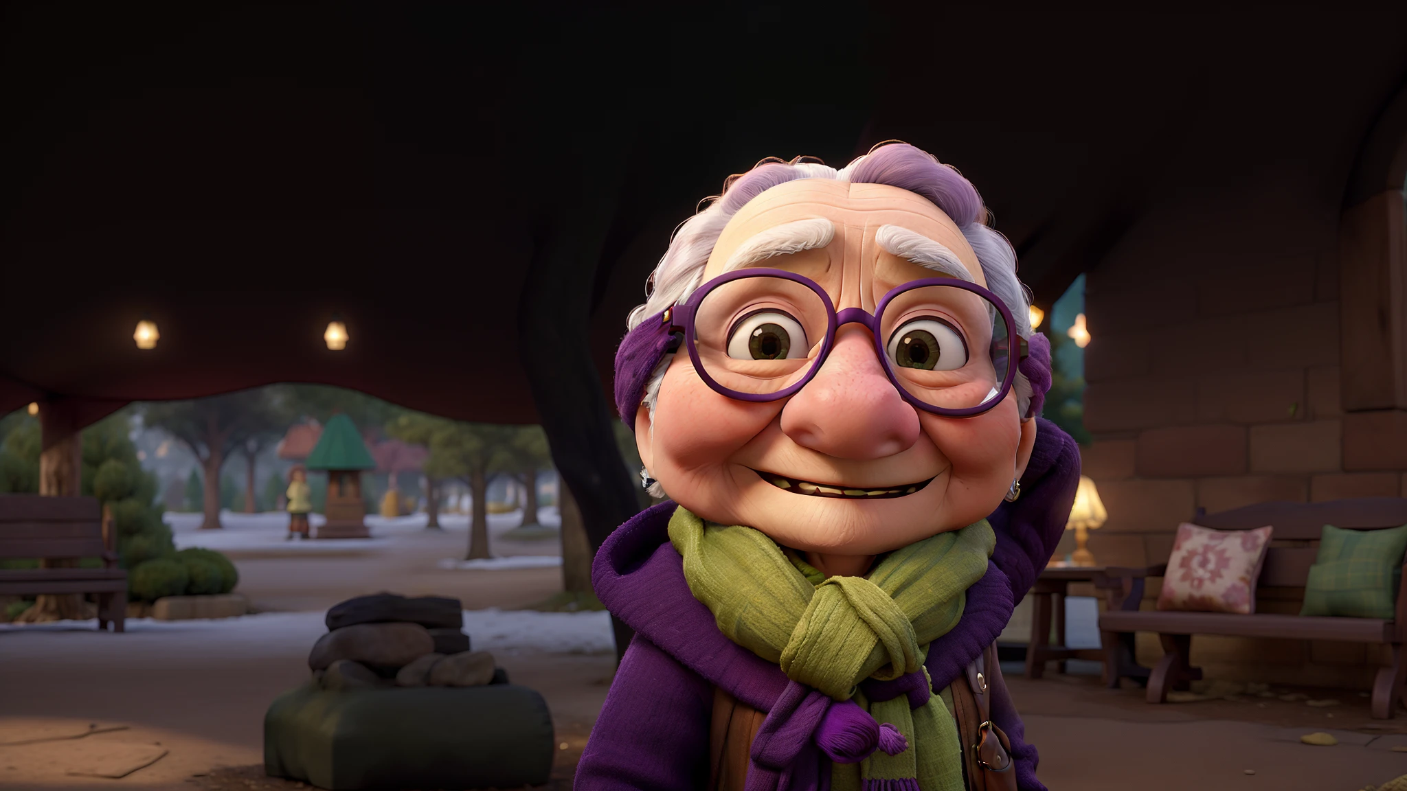 masterpiece, best quality, an old woman with glasses and a scarf on, wearing a purple coat and green scarf, standing at the park