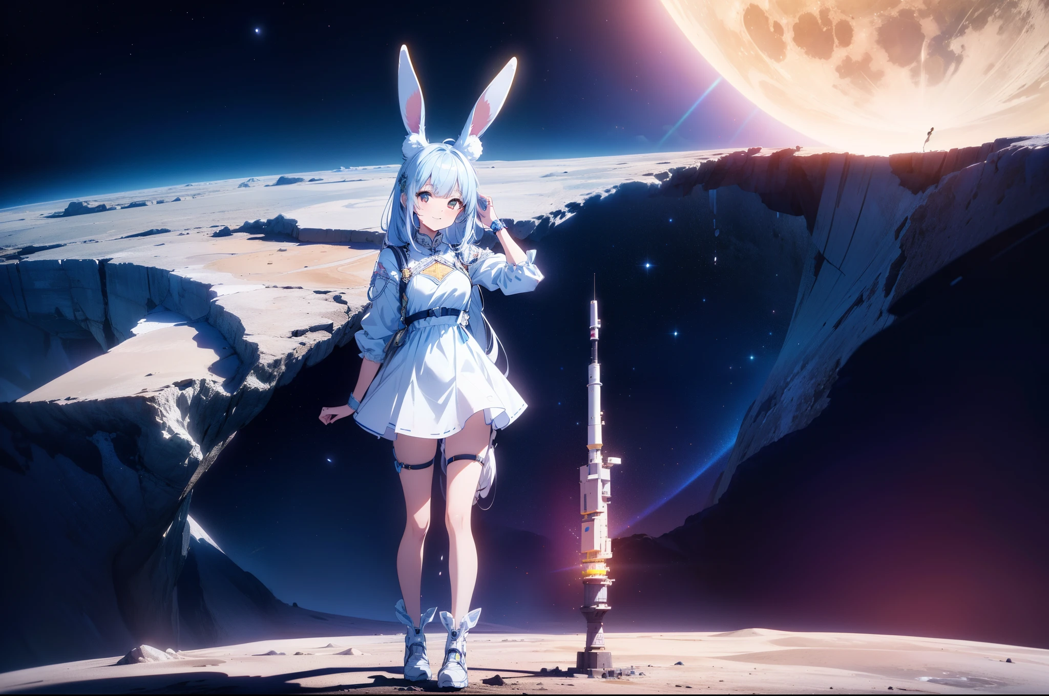 1 cute girl ,standing on moon surface , (looking earth), rabbit ears , concept art, (close to viewer) , (character focus) , from above, smile, cinematic lighting, high resolution,(incredibly absurdres) ,extremely detailed CG unity 8k wallpaper, ((masterpiece)), ((top-quality)), (beautiful illustration), ((an extremely delicate and beautiful))