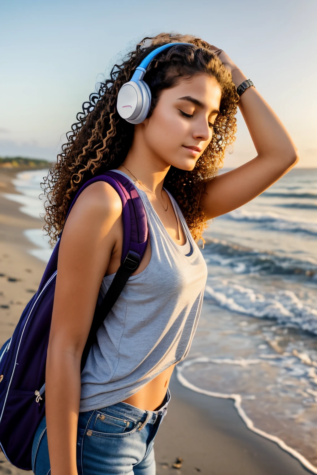 20 years old beautiful college girl standing at a beach with headphones, backpack on her feet, wrist watch ear stud shoes, facing the evening sun, eyes closed, flared nostrils, curly windy long hair, breezy air,  relaxing mood, hyper maximalized background, soothing colors