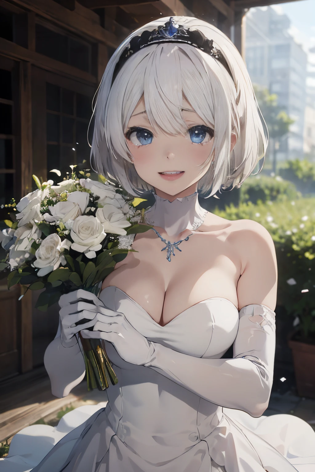 masterpiece, best quality, highres, aaichika,  tiara, bridal veil, necklace, cleavage, wedding dress, strapless dress, white dress, white gloves, elbow gloves, garden, smile, open mouth, tears, upper body, confetti, holding bouquet, bouquet, yorha no. 2 type b, short white hair, blue eyes