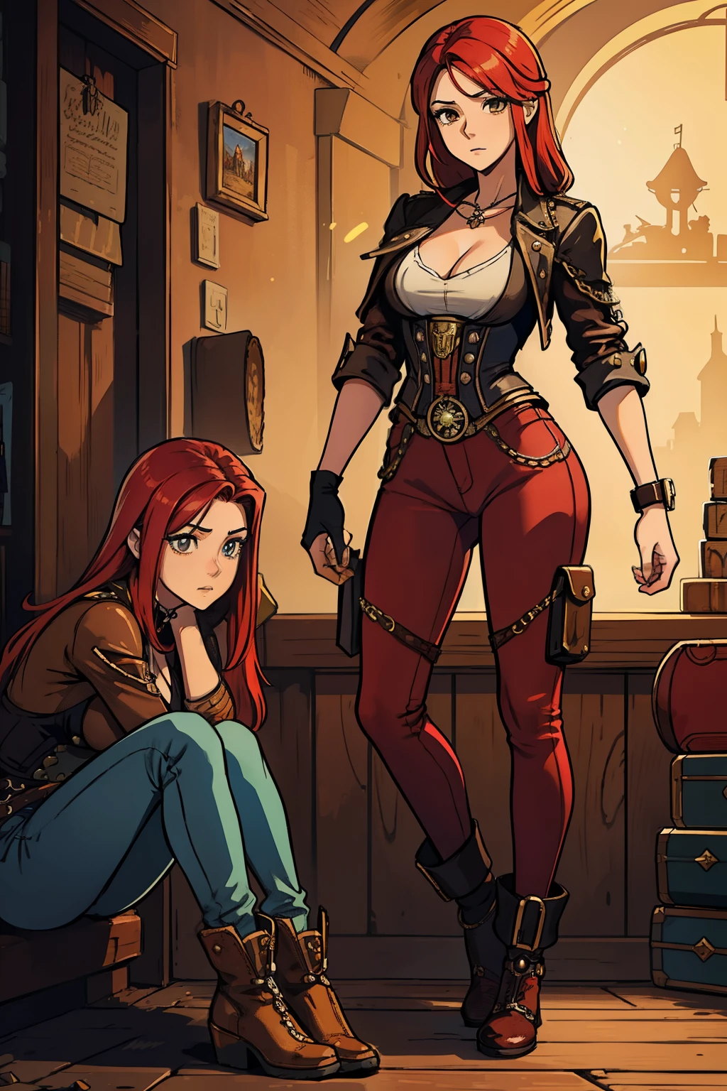 Erza Scarlet is one of the main characters in the series. The young woman with scarlet hair and brown eyes is described by Lucy Heartfilia herself as an amazing woman, very strict and who does not admit when others make mistakes. She is a slender figure with well-drawn curves. Seu traje mais comum consiste em un espartilho feito sob medida, A pair of red pants, Botas pretas e brincos em forma de diamante, in high resolution, circunstanciado, uma arte para um Jogo de rpg ((melhor qualidade)) ((olhos bonitos)) ((Steampunk))